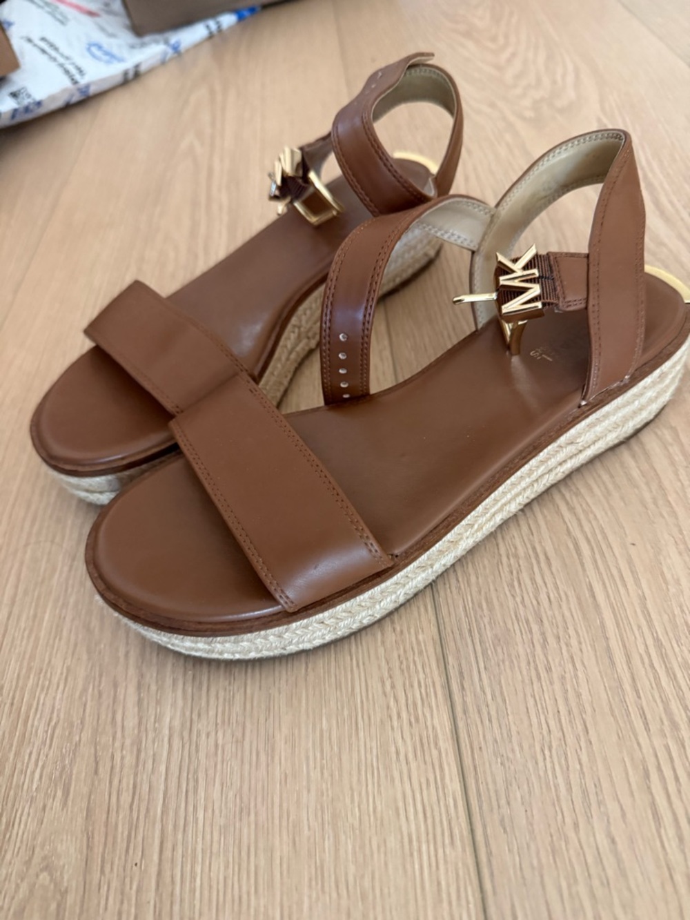 Michael Kors Brown Leather Espadrille Platform Sandals with Gold Logo